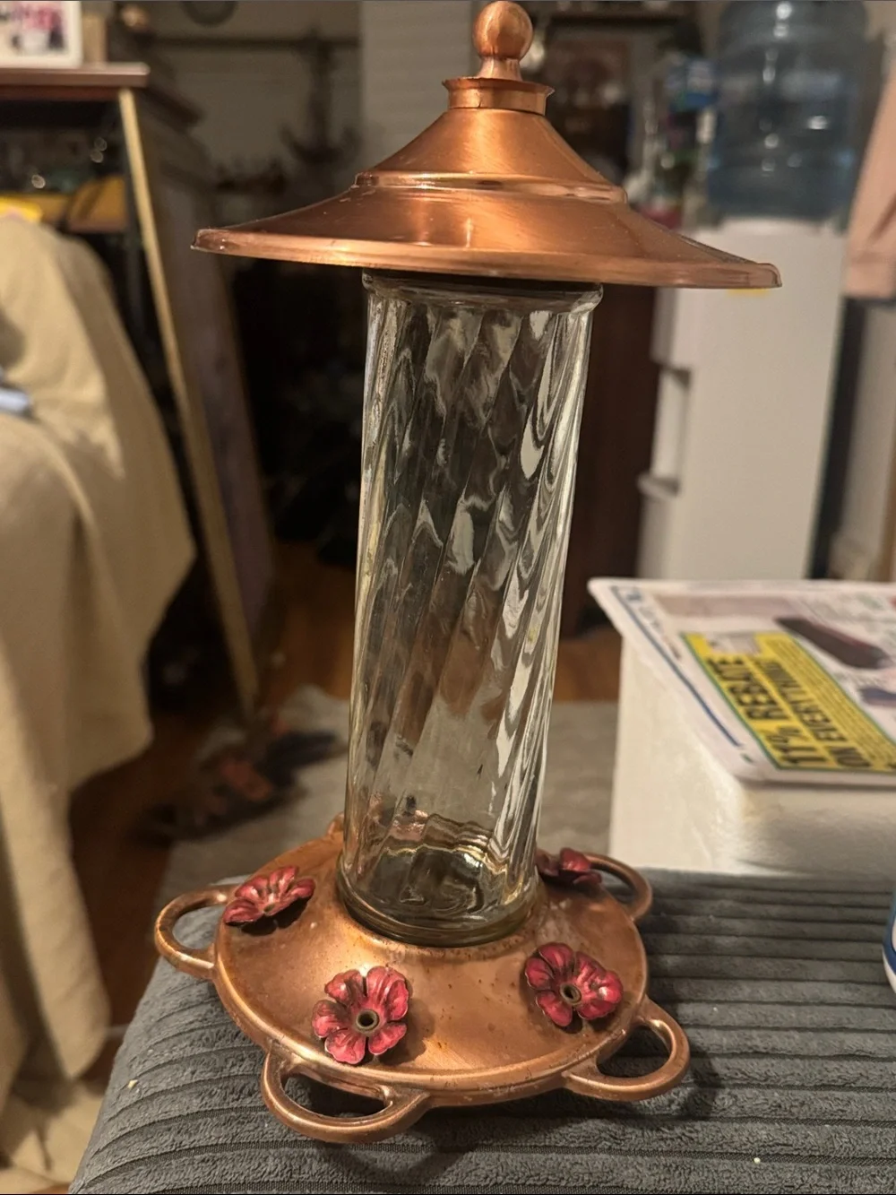 Copper Finish Decorative Hummingbird Feeder with Pink Flower Accents